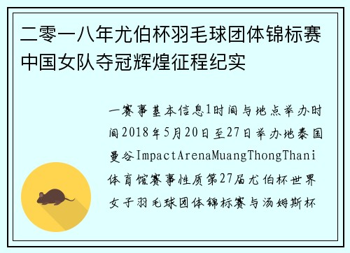 二零一八年尤伯杯羽毛球团体锦标赛中国女队夺冠辉煌征程纪实